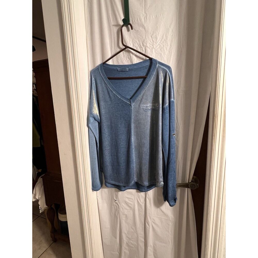New Collection Blue Long Sleeve Shimmery Tee Size L Made In Italy Casual Comfy